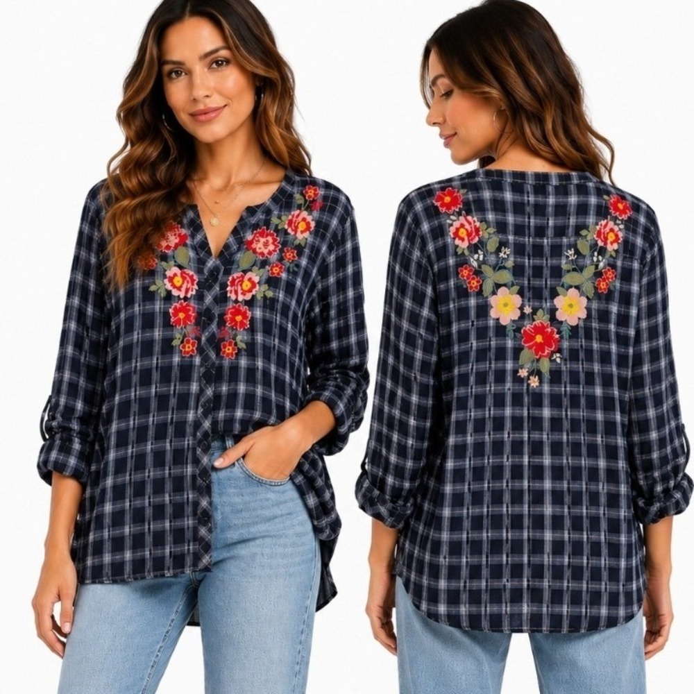 Andree Plaid Floral Embroidered Top Women 2X Navy Blue Roll Tab Sleeve Boho